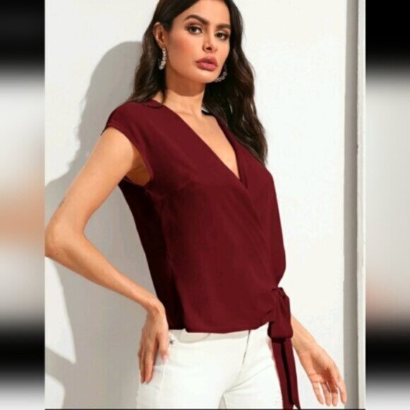 SHEIN Sleeveless Cabernet Red Wine Side Tie Wrap Blouse Shirt Size X-LARGE - Picture 3 of 5